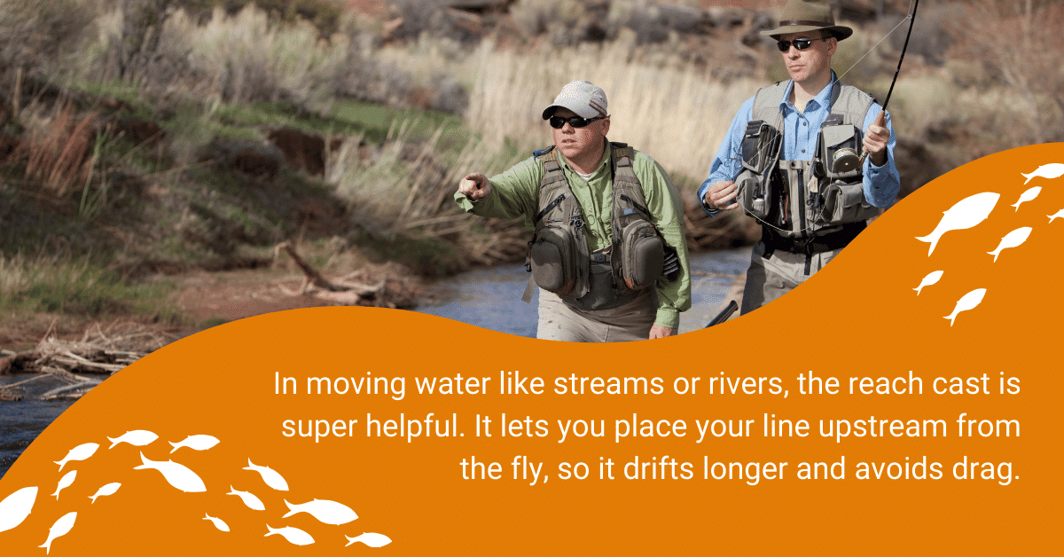 Two men fly fishing in a river with a quote about the benefits of the reach cast.