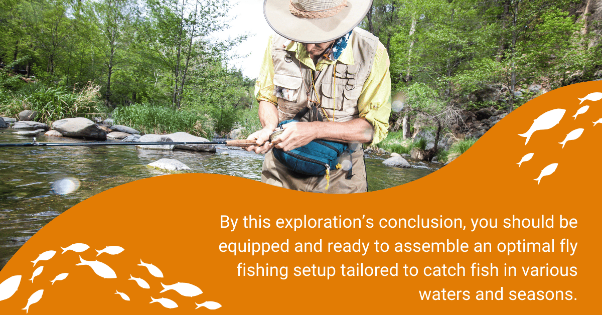 A man fly fishing with text beside him about preparing an optimal setup for fishing in different waters and seasons.