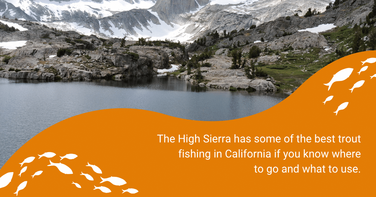 Scenic view of the High Sierra with text highlighting its top trout fishing spots in California.