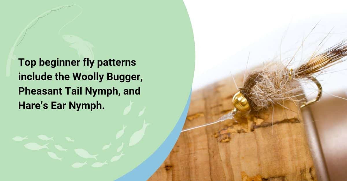 Image of fly tying tools with text listing top beginner fly patterns: Woolly Bugger, Pheasant Tail, and Hare’s Ear Nymph.
