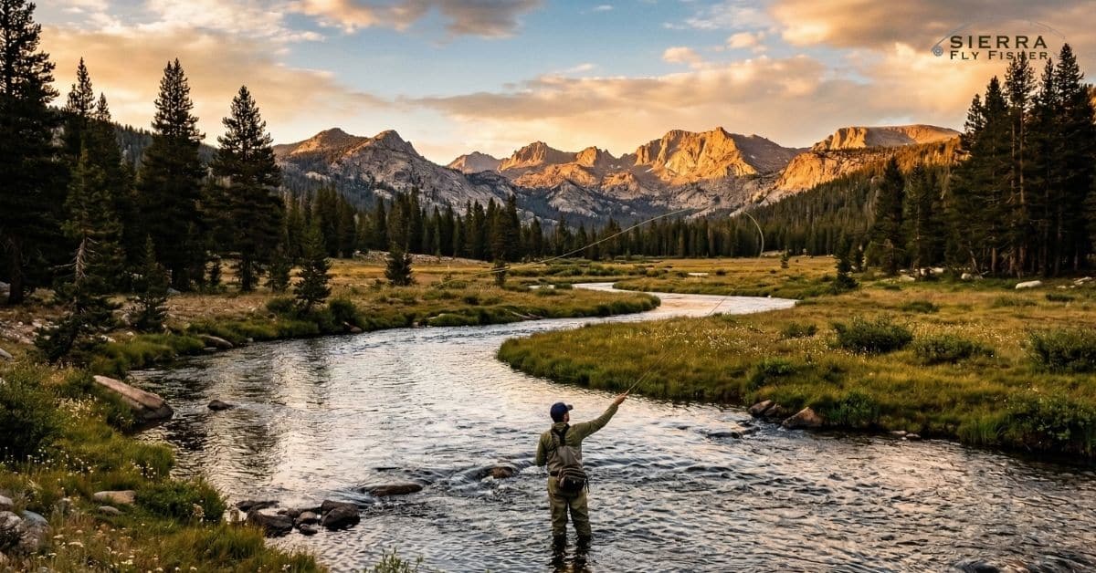 Fly fishing Yosemite National Park — angler casting on a granite-lined Sierra Nevada river at golden hour
