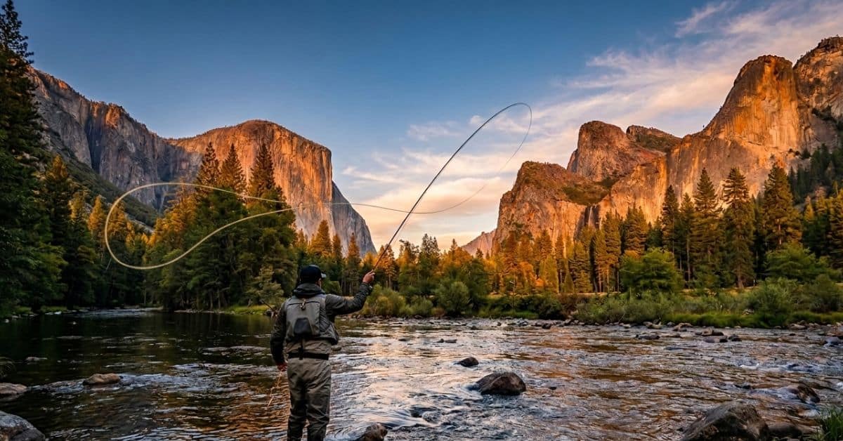Yosemite fly fishing guide leading guests along the Merced River — small group wading through a pine-lined High Sierra stretch