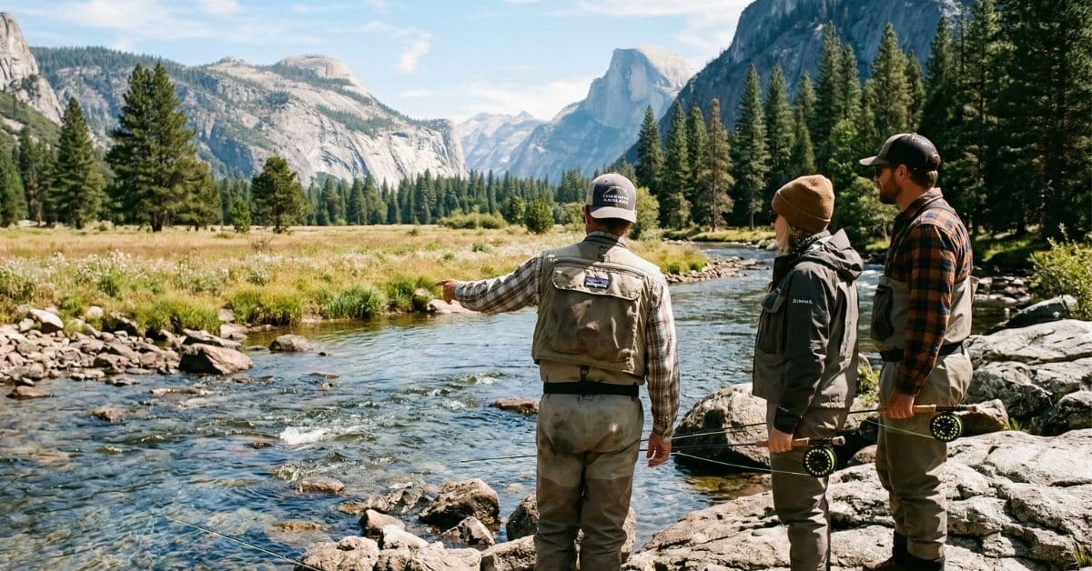 Book a guided fly fishing trip in Yosemite National Park — guide and guests at golden hour on a Sierra Nevada river