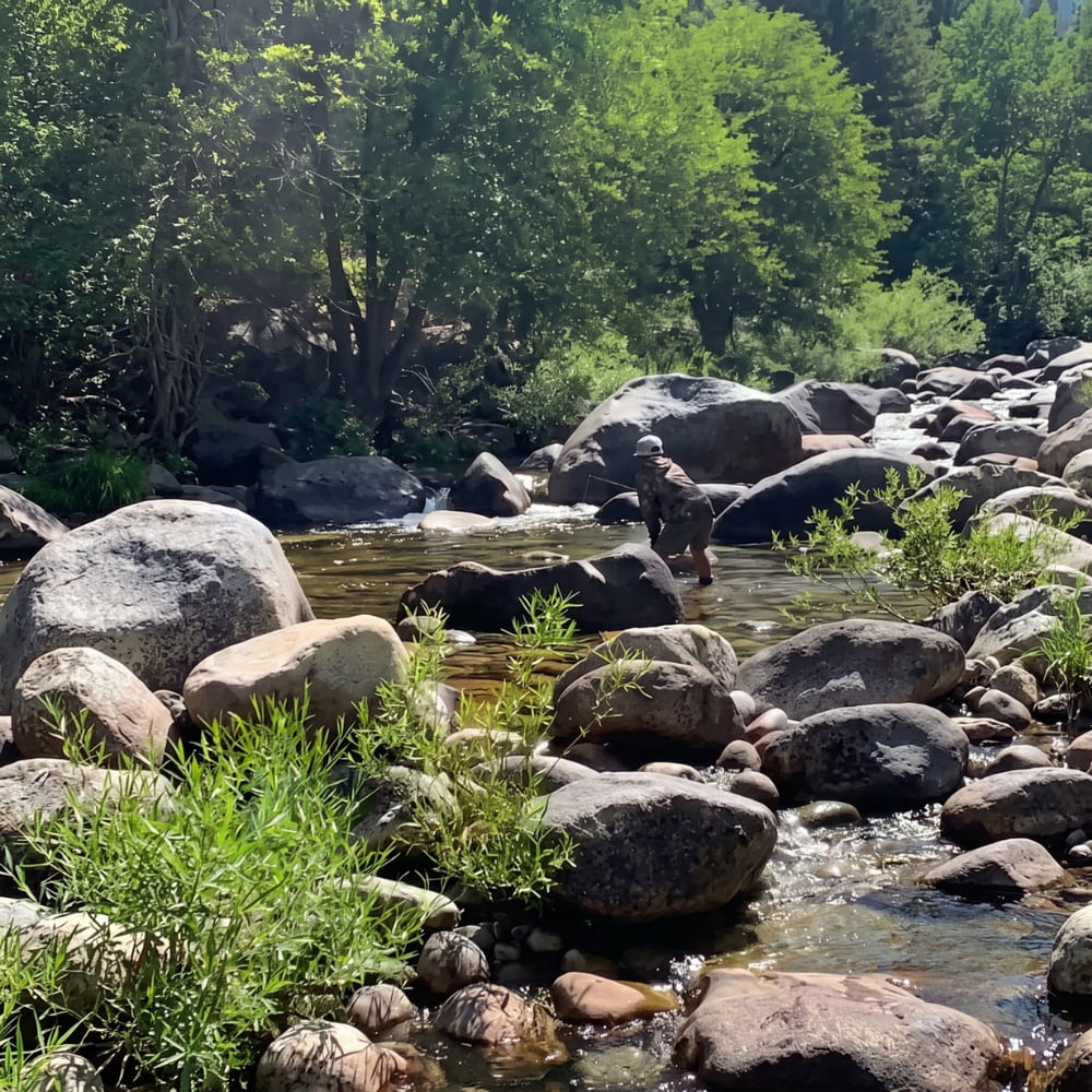 Angler wading a boulder-lined High Sierra stream while fly fishing