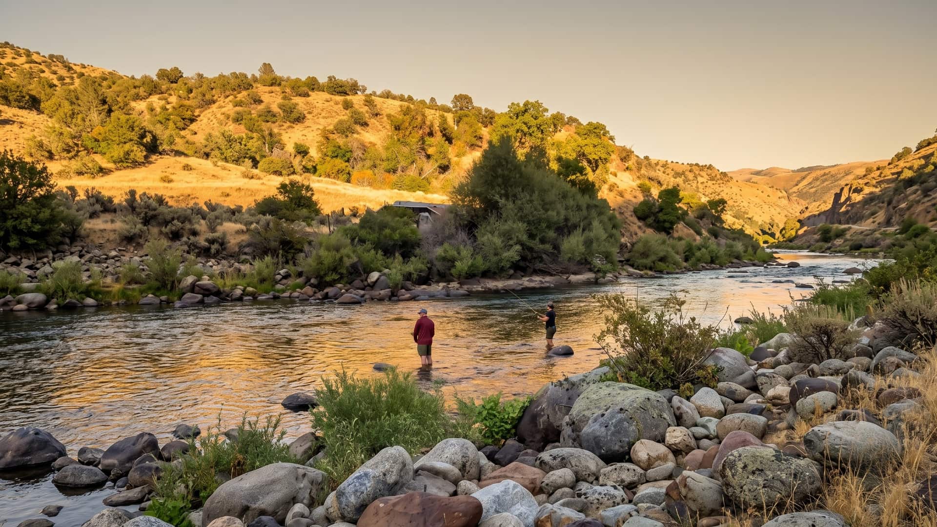 Two anglers fly fishing a High Sierra river at sunset
